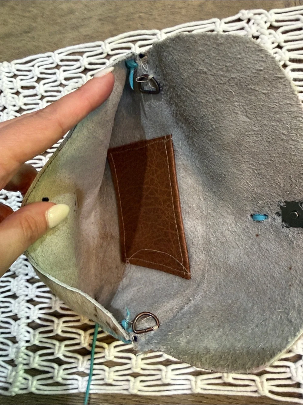 Brown & Cream Cowhide Buffalo Leather Foldover Clutch with Turquoise Lacing